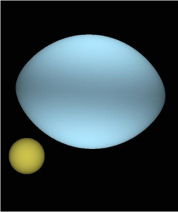 An artist's rendition of the Sun (yellow) and Regulus (blue) based on observations taken with the CHARA interferometric array. MRO/mro